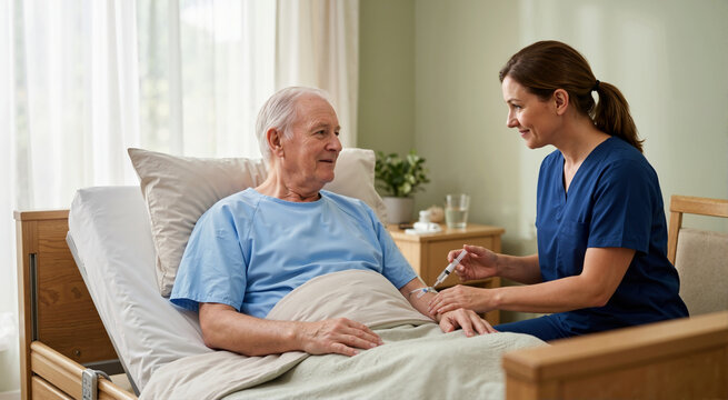 Senior man receiving morphine pain relief in palliative care. Nurse administering medication to elderly patient in hospital bed. End of life dignity and comfort management