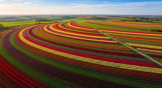 Aerial view of vibrant, concentric crop circles in a rural landscape, showing rich green, red, and brown soil patterns