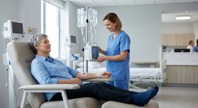 Senior woman receiving chemotherapy infusion with a nurse in a hospital. Oncology treatment for malignant cancer in a modern ward. Elderly patient care and medical support concept