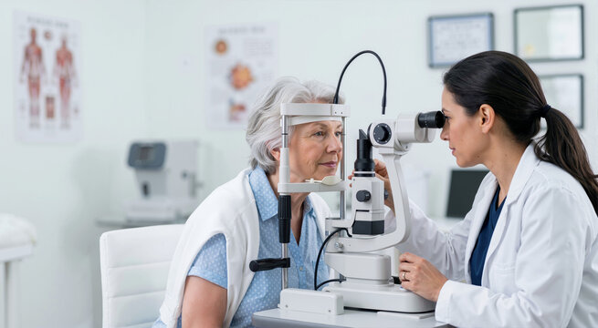 Senior woman undergoing eye exam with slit lamp in clinic. Female ophthalmologist checking vision for diabetic retinopathy prevention. Optometry and geriatric eye care concept
