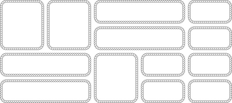 Set of rope frames, rectangular and square borders with nautical rope texture isolated on white background
