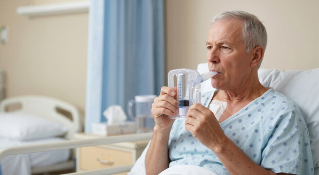 Senior male using incentive spirometer for respiratory therapy. Post-operative lung volume expansion exercise in hospital bed. Elderly patient recovering from chest surgery