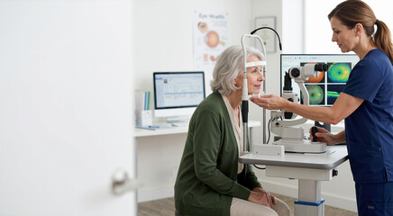 Fototapeta na wymiar Senior female patient undergoing optical coherence tomography scan. Advanced retinal imaging for macular degeneration monitoring in eye clinic