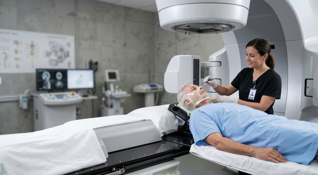 Senior man undergoing radiotherapy treatment for cancer. Precision targeting with a linear accelerator machine in oncology. Advanced medical technology for cancer care