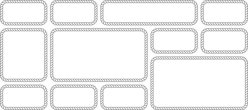 Set of rope frames, rectangular borders with nautical rope texture isolated on white background
