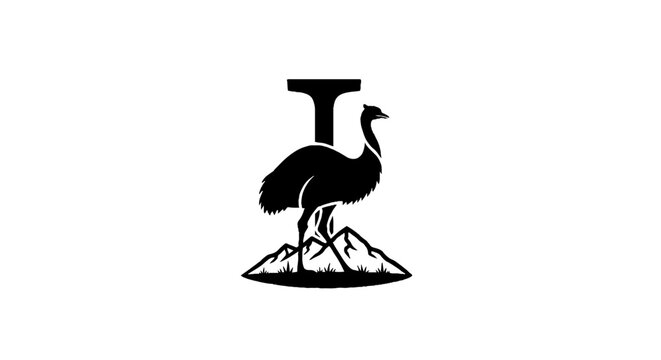 Black and white ostrich emblem with mountain design.