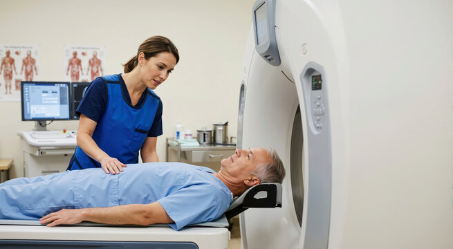 Senior male patient preparing for PET scan in hospital. Whole body cancer screening and metastasis detection in nuclear medicine department