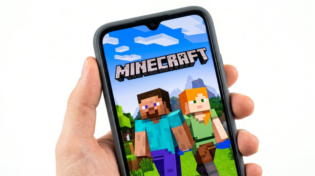 Male hand holding a smartphone with the Minecraft mobile game app on the screen. High quality gaming application interface mockup. Popular sandbox video game characters. White background studio.