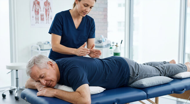 Older man receiving percussion therapy on back for lung secretions. Respiratory physiotherapy for chronic bronchitis. Mucus drainage and chest physical therapy for seniors