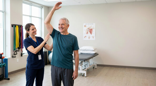 Senior man demonstrating improved shoulder range of motion in physical therapy. Successful recovery after rotator cuff surgery. Happy elderly patient in rehabilitation clinic