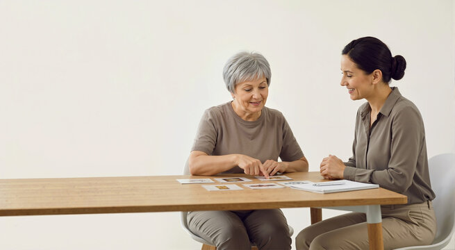 Senior woman working with speech therapist using picture cards. Elderly patient in language recovery session after stroke. Aphasia treatment and neurological rehabilitation