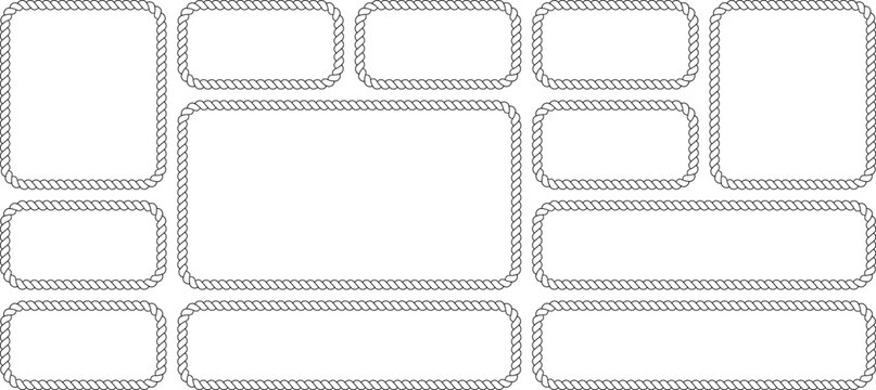 Set of rope frames, rectangular borders with nautical style, vector illustration isolated on white background