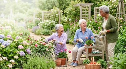Obraz premium Diverse senior women gardening together in backyard. Happy elderly female friends planting flowers and laughing in garden. Active retirement concept
