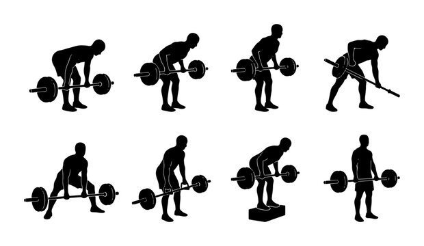 Weightlifting Exercise Silhouettes, Strength Training Movements, Barbell Workout Poses, Fitness Routine Icons