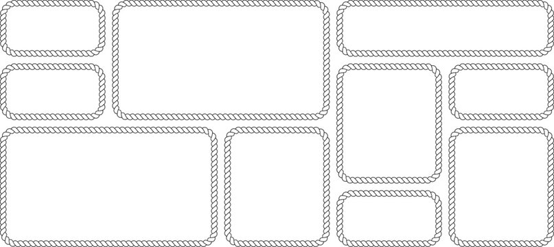Set of rope frames, nautical border collection, rectangular rope frames isolated on white background