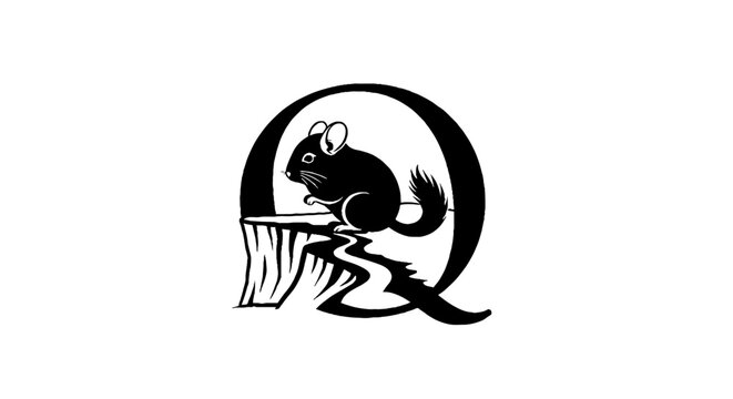 Black and white rat on letter Q logo design.