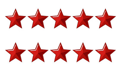 Fototapeta premium Ten red glossy stars in two rows, 3d rating star icons isolated on transparent background