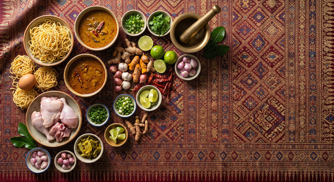 Flat lay of Khao Soi ingredients on Lanna silk
