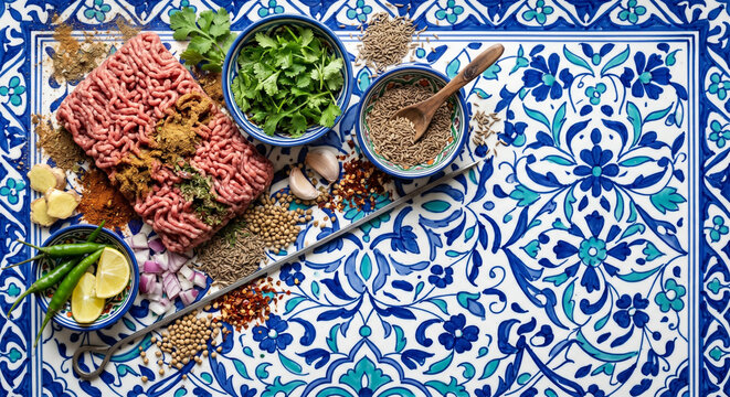 Flat lay of Seekh Kebab ingredients on Multani pottery