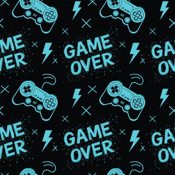 Retro Gaming Controller Game Over Cyan Seamless Pattern Background
