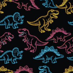 Seamless Neon Dinosaur Outlines Pattern on Black Background © Heroesgod