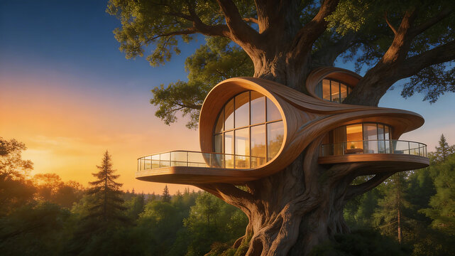 Modern treehouse in forest at sunset representing the awe-inspiring power of nature