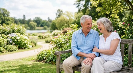 Fototapeta premium Happy senior couple sitting on a wooden bench in a lush garden. Elderly man and woman laughing outdoors