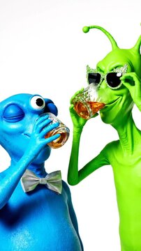 Funny blue and green aliens having drinks.