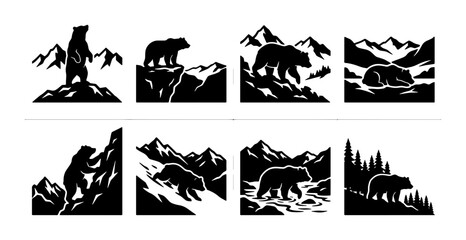 Bear Mountain Silhouettes, Wildlife Vector Art Set: Majestic Ursine Scenes in Rugged Landscapes, Nature Graphics for Outdoor Themes © Abdullah