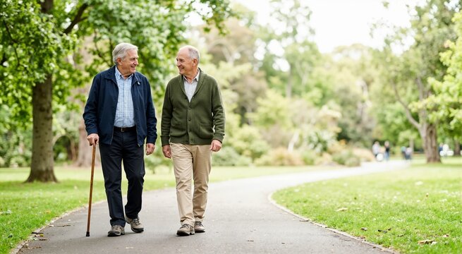 Two senior men walking and talking in park. Happy elderly male friends strolling on paved path. Active retirement and friendship concept