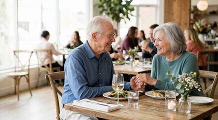 Senior couple holding hands while dining in a restaurant. Happy elderly man and woman enjoying a romantic meal together