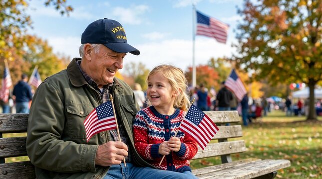 Senior military veteran and young girl holding American flags on a park bench. Happy grandfather and granddaughter celebrating Veterans Day outdoors in autumn