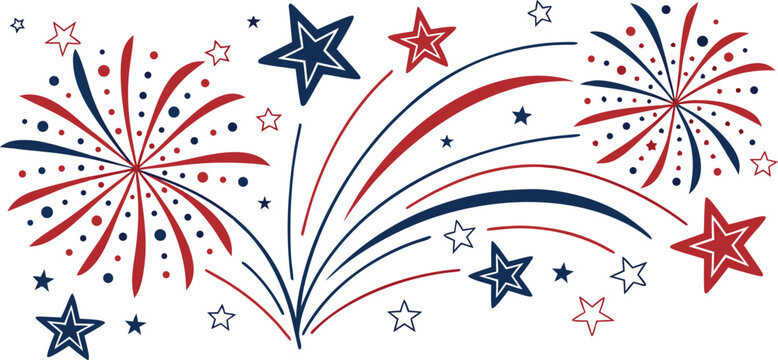 Red and blue hand drawn fireworks and stars illustration
