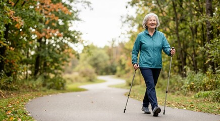 Obraz premium Senior woman doing Nordic walking in the park. Active elderly woman exercising with poles