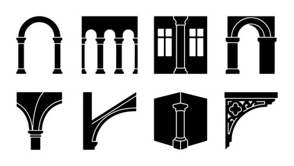 Architectural Elements Vector Set: Arches, Columns, and Decorative Brackets, Classic Building Facade Details, Black and White Design Assets © MdFarhan