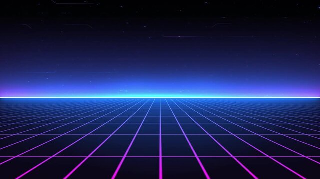 Retro 80s synthwave background with a perspective neon wireframe grid landscape and a glowing blue horizon under a dark starry sky
