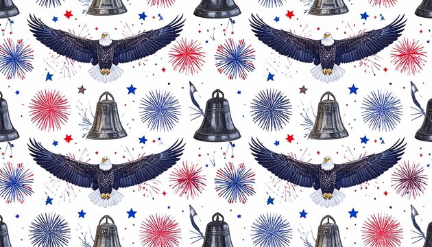 Patriotic eagles, Liberty Bells, fireworks, stars pattern