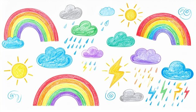 Rainbows clouds suns lightning in playful childlike drawing