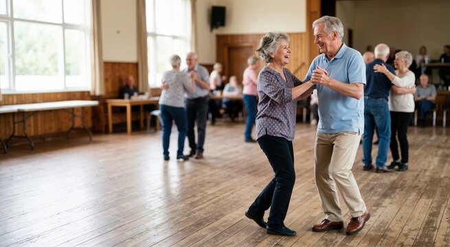 Elderly people dancing in a community hall. Senior social activity and recreation