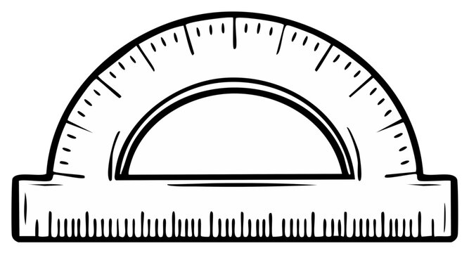 Black and white drawing of a protractor with measurements and a semicircular shape