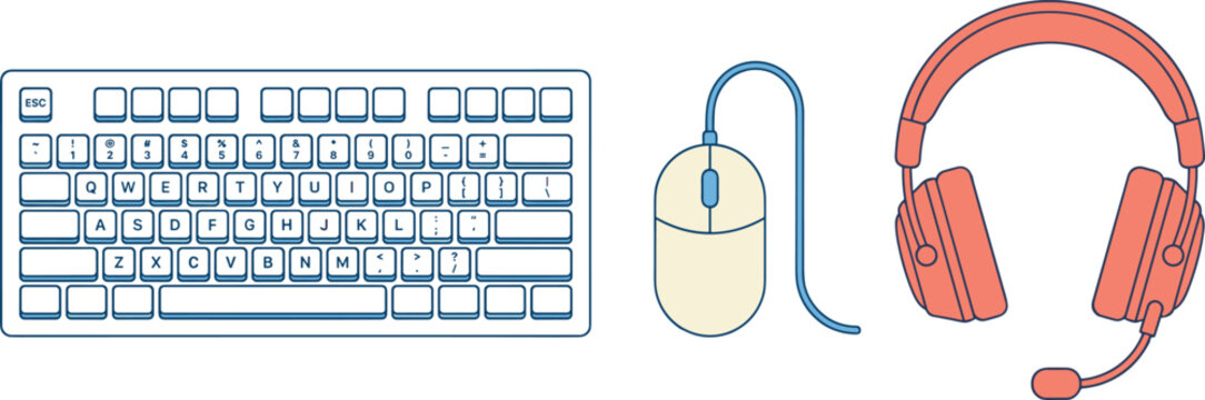 Computer hardware vector illustration set featuring white mechanical keyboard wired scrolling mouse and red gaming headset with microphone for office or gaming workspace setup.