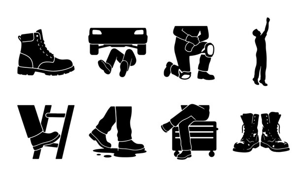 Work Safety Icons: Protective Footwear, Ladder Safety, Mechanic Under Vehicle, Construction Worker Kneeling, Standing Worker, Tool Chest, Set of 8 Black and White Vector Graphics for Industrial