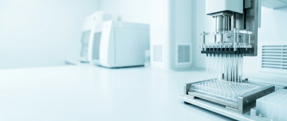 Fototapeta premium Automated pipetting system in sterile laboratory with cool lighting and focus on equipment