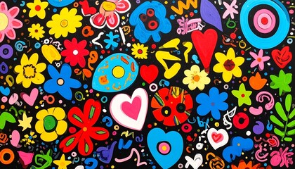 Naklejka premium Colorful abstract artwork flowers hearts stars swirls