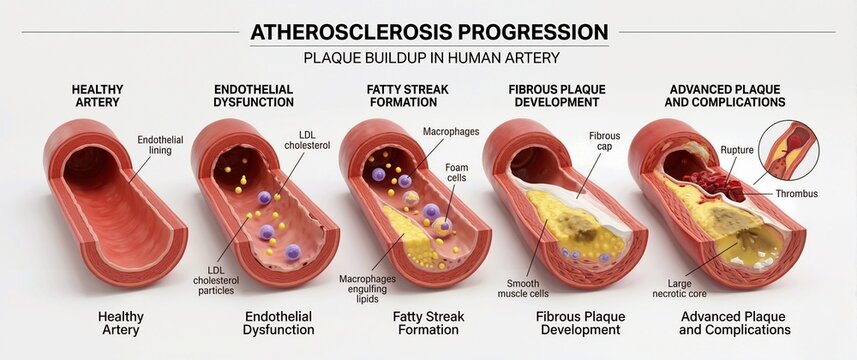 Medical illustration of atherosclerosis progression. Plaque buildup in human artery stages