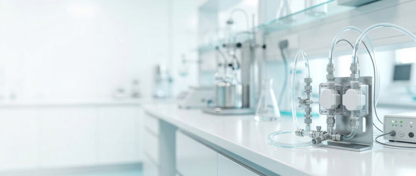 Clean laboratory benchtop with fluidic tubing and analytical equipment, clinical calm