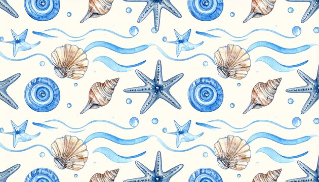 Marine pattern starfish seashells waves cream background coastal