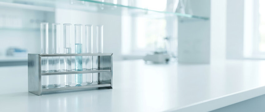 Clear laboratory test tube rack with blue liquid and bright clinical background