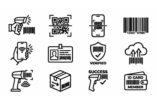 Barcode Scanning Icon Set With Scanner QR Code Mobile Phone ID Card Verified Cloud Upload And Member Wallet Symbols