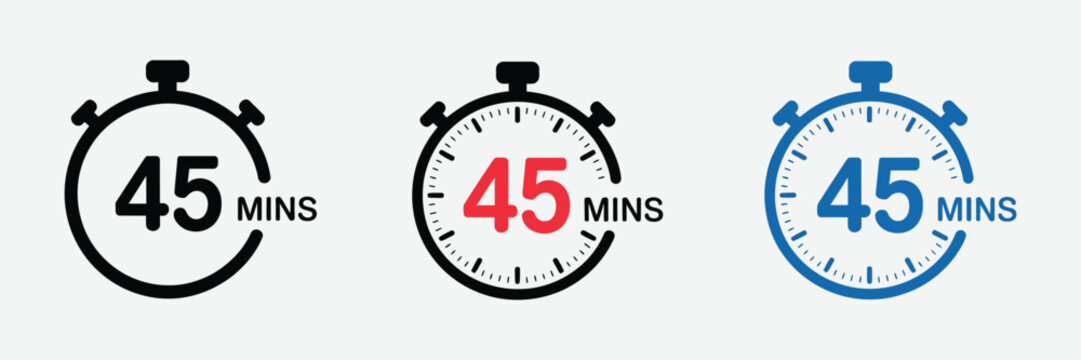 45 Minutes Timer, Stopwatch and Countdown Vector Icon Set, Time Management Clock Symbols, Digital Timer and Hourglass Illustration Collection